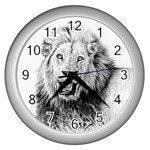 Lion Wildlife Art And Illustration Pencil Wall Clocks (Silver)  Front