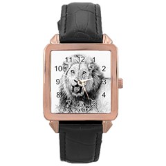 Lion Wildlife Art And Illustration Pencil Rose Gold Leather Watch  by Nexatart