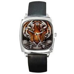 The Tiger Face Square Metal Watch by Nexatart