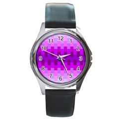 Geometric Cubes Pink Purple Blue Round Metal Watch by Nexatart