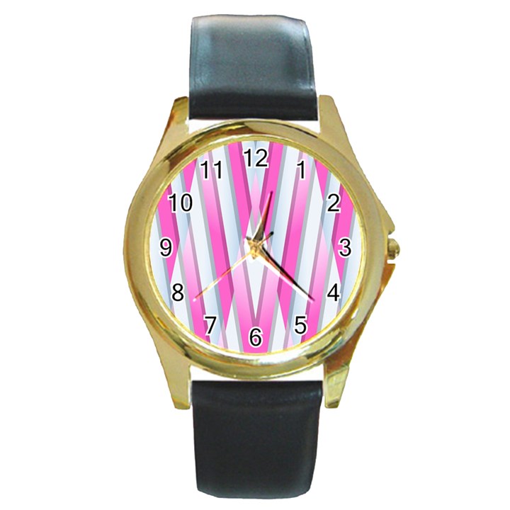 Geometric 3d Design Pattern Pink Round Gold Metal Watch