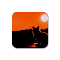 Sunset Cat Shadows Silhouettes Rubber Coaster (square)  by Nexatart