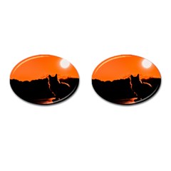 Sunset Cat Shadows Silhouettes Cufflinks (oval) by Nexatart