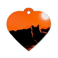 Sunset Cat Shadows Silhouettes Dog Tag Heart (two Sides) by Nexatart