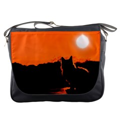 Sunset Cat Shadows Silhouettes Messenger Bags by Nexatart