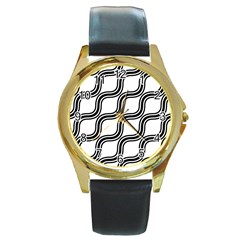 Diagonal Pattern Background Black And White Round Gold Metal Watch