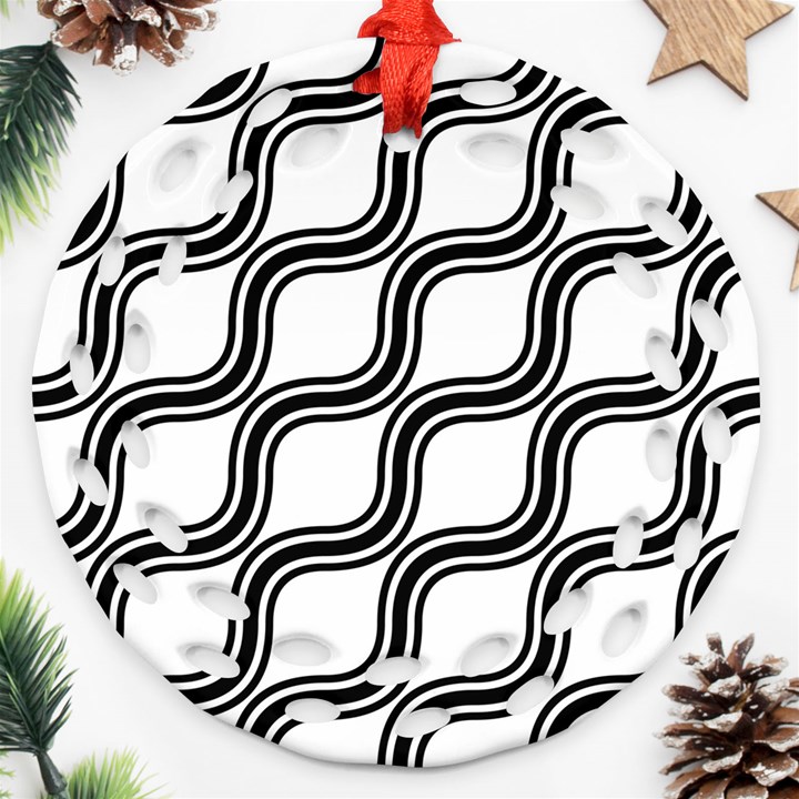 Diagonal Pattern Background Black And White Ornament (Round Filigree)