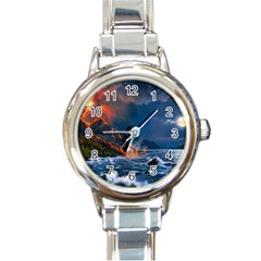 Eruption Of Volcano Sea Full Moon Fantasy Art Round Italian Charm Watch by Sapixe