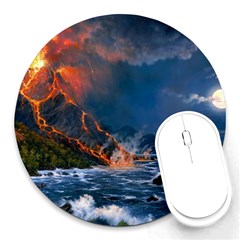 Eruption Of Volcano Sea Full Moon Fantasy Art Round Mousepads by Sapixe