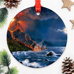 Eruption Of Volcano Sea Full Moon Fantasy Art Ornament (round) by Sapixe