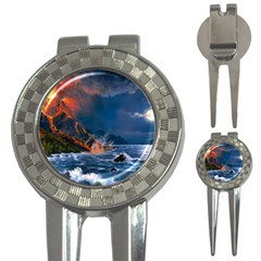 Eruption Of Volcano Sea Full Moon Fantasy Art 3-in-1 Golf Divots by Sapixe