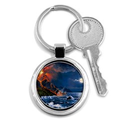 Eruption Of Volcano Sea Full Moon Fantasy Art Key Chains (round)  by Sapixe