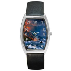 Eruption Of Volcano Sea Full Moon Fantasy Art Barrel Style Metal Watch by Sapixe