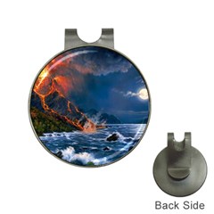 Eruption Of Volcano Sea Full Moon Fantasy Art Hat Clips With Golf Markers by Sapixe