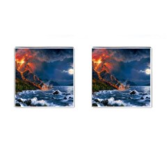 Eruption Of Volcano Sea Full Moon Fantasy Art Cufflinks (square) by Sapixe