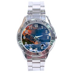 Eruption Of Volcano Sea Full Moon Fantasy Art Stainless Steel Analogue Watch by Sapixe