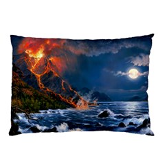 Eruption Of Volcano Sea Full Moon Fantasy Art Pillow Case (two Sides) by Sapixe