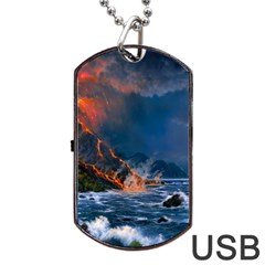 Eruption Of Volcano Sea Full Moon Fantasy Art Dog Tag Usb Flash (one Side) by Sapixe