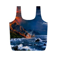 Eruption Of Volcano Sea Full Moon Fantasy Art Full Print Recycle Bags (m)  by Sapixe