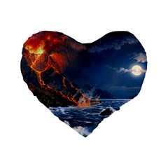 Eruption Of Volcano Sea Full Moon Fantasy Art Standard 16  Premium Flano Heart Shape Cushions by Sapixe