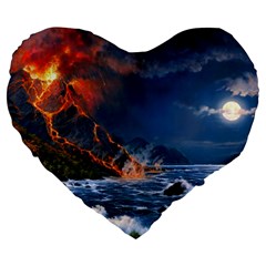 Eruption Of Volcano Sea Full Moon Fantasy Art Large 19  Premium Flano Heart Shape Cushions by Sapixe