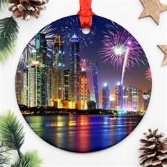 Dubai City At Night Christmas Holidays Fireworks In The Sky Skyscrapers United Arab Emirates Ornament (round) by Sapixe