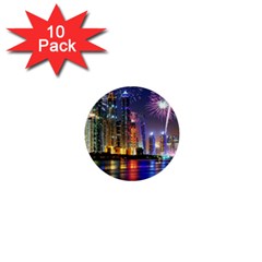 Dubai City At Night Christmas Holidays Fireworks In The Sky Skyscrapers United Arab Emirates 1  Mini Buttons (10 Pack)  by Sapixe