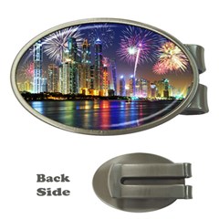 Dubai City At Night Christmas Holidays Fireworks In The Sky Skyscrapers United Arab Emirates Money Clips (oval)  by Sapixe