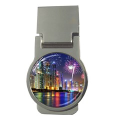 Dubai City At Night Christmas Holidays Fireworks In The Sky Skyscrapers United Arab Emirates Money Clips (round)  by Sapixe