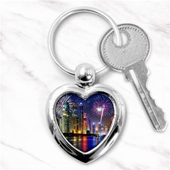 Dubai City At Night Christmas Holidays Fireworks In The Sky Skyscrapers United Arab Emirates Key Chains (heart)  by Sapixe