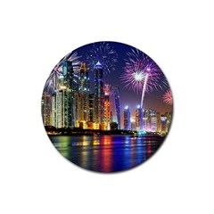 Dubai City At Night Christmas Holidays Fireworks In The Sky Skyscrapers United Arab Emirates Rubber Round Coaster (4 Pack)  by Sapixe