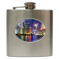 Dubai City At Night Christmas Holidays Fireworks In The Sky Skyscrapers United Arab Emirates Hip Flask (6 Oz) by Sapixe