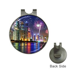 Dubai City At Night Christmas Holidays Fireworks In The Sky Skyscrapers United Arab Emirates Hat Clips With Golf Markers by Sapixe