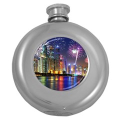 Dubai City At Night Christmas Holidays Fireworks In The Sky Skyscrapers United Arab Emirates Round Hip Flask (5 Oz) by Sapixe