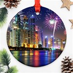 Dubai City At Night Christmas Holidays Fireworks In The Sky Skyscrapers United Arab Emirates Round Ornament (Two Sides) Front