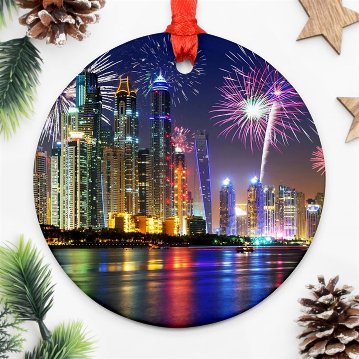 Dubai City At Night Christmas Holidays Fireworks In The Sky Skyscrapers United Arab Emirates Round Ornament (Two Sides)