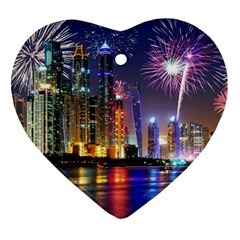 Dubai City At Night Christmas Holidays Fireworks In The Sky Skyscrapers United Arab Emirates Heart Ornament (two Sides) by Sapixe