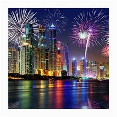 Dubai City At Night Christmas Holidays Fireworks In The Sky Skyscrapers United Arab Emirates Medium Glasses Cloth by Sapixe