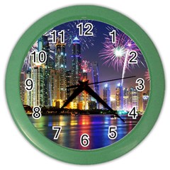 Dubai City At Night Christmas Holidays Fireworks In The Sky Skyscrapers United Arab Emirates Color Wall Clocks by Sapixe