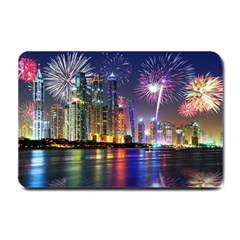 Dubai City At Night Christmas Holidays Fireworks In The Sky Skyscrapers United Arab Emirates Small Doormat  by Sapixe