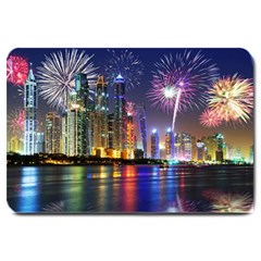 Dubai City At Night Christmas Holidays Fireworks In The Sky Skyscrapers United Arab Emirates Large Doormat  by Sapixe