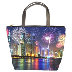 Dubai City At Night Christmas Holidays Fireworks In The Sky Skyscrapers United Arab Emirates Bucket Bags by Sapixe