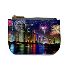 Dubai City At Night Christmas Holidays Fireworks In The Sky Skyscrapers United Arab Emirates Mini Coin Purses by Sapixe