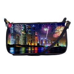 Dubai City At Night Christmas Holidays Fireworks In The Sky Skyscrapers United Arab Emirates Shoulder Clutch Bags by Sapixe