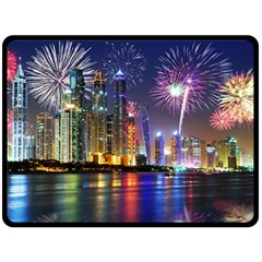 Dubai City At Night Christmas Holidays Fireworks In The Sky Skyscrapers United Arab Emirates Fleece Blanket (large)  by Sapixe