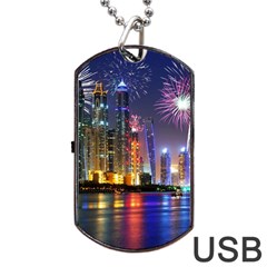 Dubai City At Night Christmas Holidays Fireworks In The Sky Skyscrapers United Arab Emirates Dog Tag Usb Flash (one Side) by Sapixe