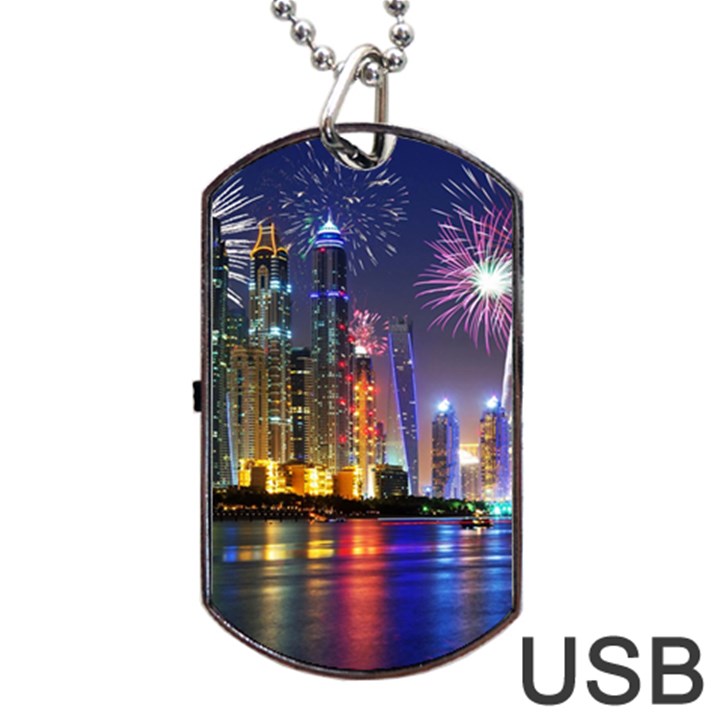 Dubai City At Night Christmas Holidays Fireworks In The Sky Skyscrapers United Arab Emirates Dog Tag USB Flash (One Side)