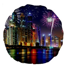 Dubai City At Night Christmas Holidays Fireworks In The Sky Skyscrapers United Arab Emirates Large 18  Premium Round Cushions by Sapixe