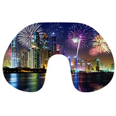 Dubai City At Night Christmas Holidays Fireworks In The Sky Skyscrapers United Arab Emirates Travel Neck Pillows by Sapixe