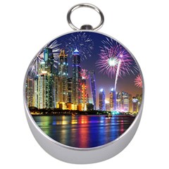 Dubai City At Night Christmas Holidays Fireworks In The Sky Skyscrapers United Arab Emirates Silver Compasses by Sapixe